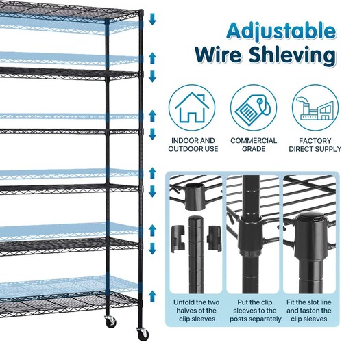 6 Tier Adjustable Storage Shelves Metal Garage Shelf Wire Shelving Unit w/Wheels - Picture 5 of 7