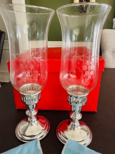 Vintage Cartier Pewter Candlesticks Pair Etched Hurricane Glass NIB NOS NEW Set - Picture 2 of 12