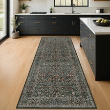 Vintage Floral Dark Green Washable Runner Rug 2x6 Non Slip Kitchen Rug Stain