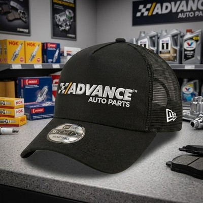 Advance Auto Parts Logo Embroidered 9FORTY Trucker Hat Black Mesh Snapback Cap