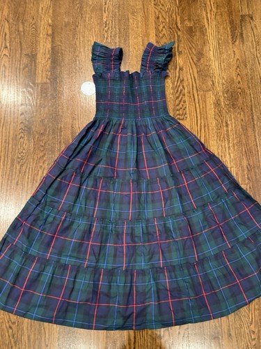 Neu mit Etikett Hill House Ellie Nap Kleid Midnight Tartan kariert gesmokt Midi Rüschen M
