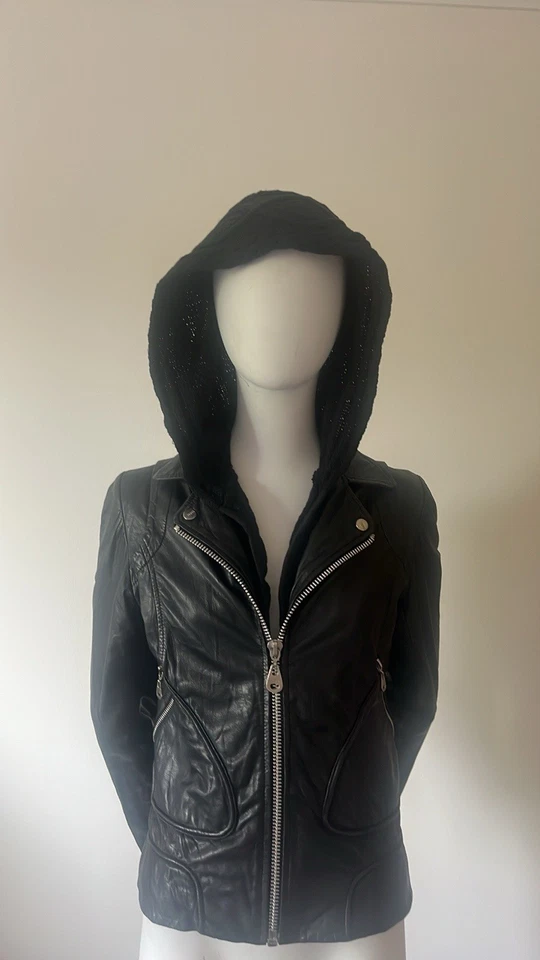 Doma Women's Leather Moto Biker Jacket Detachable Black Knit Hoodie Size M - Image 3 of 4
