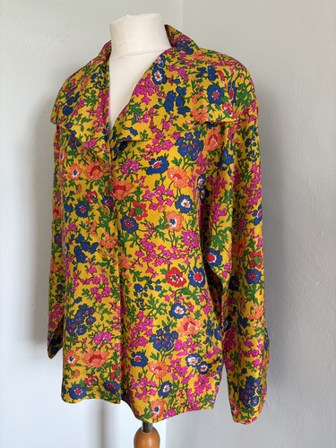 VINTAGE 1970s yellow bright floral patterned silk blouse size 8 - Picture 2 of 14