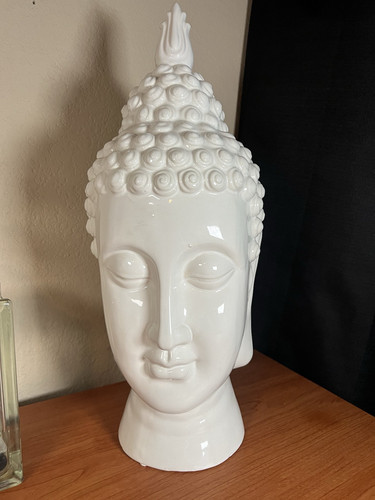 2 große Keramik Buddha Kopf Set weiß glänzende Oberfläche 20” und 15” hoch - Bild 8 von 14