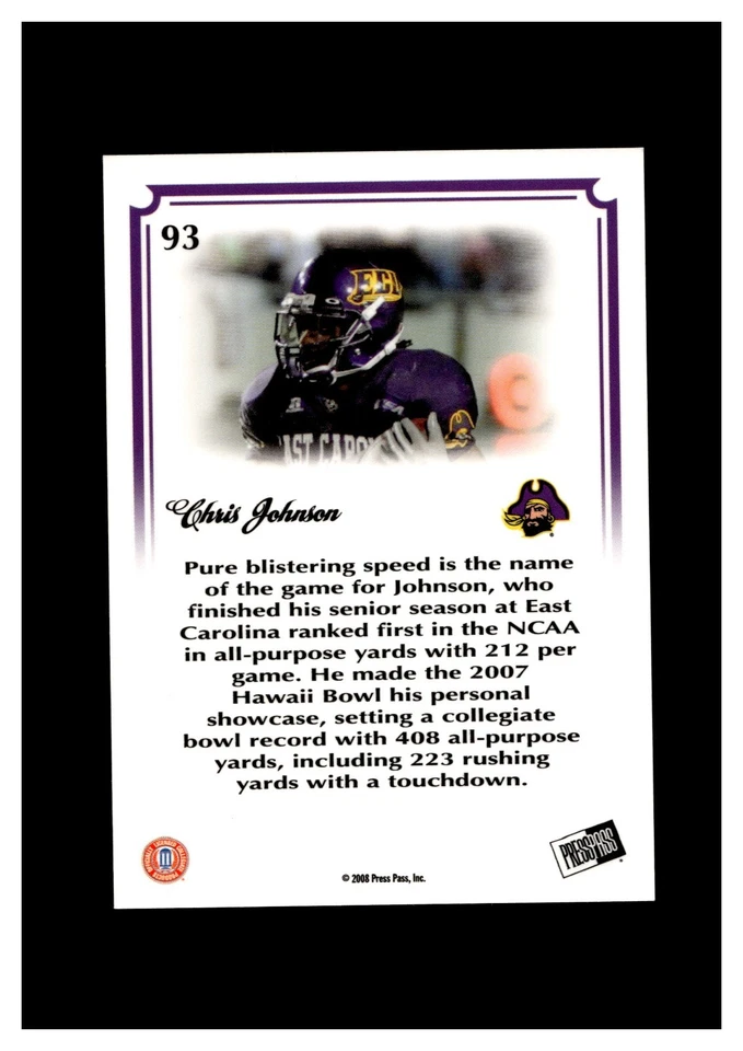 Press Pass Legends Bowl Edition 2008 línea de 15 yardas azul #93 Chris Johnson RC/99 Foto 2 de 2