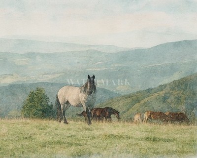 Horses in Meadow Vintage Horse Painting Rustic Farmhouse Decor Wall Art Print