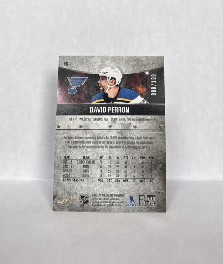 2021-22 SKYBOX METAL UNIVERSE #96 DAVID PERRON PURPLE SPECTRUM /199 - Image 2 of 2