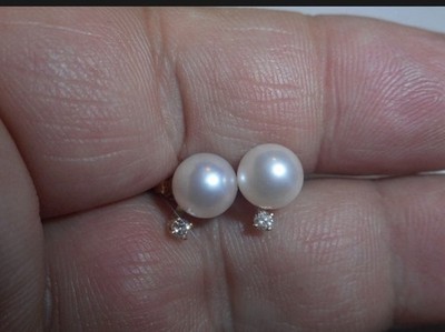 14k Pierced Earrings Akoya Saltwater Pearl Diamond 7mm