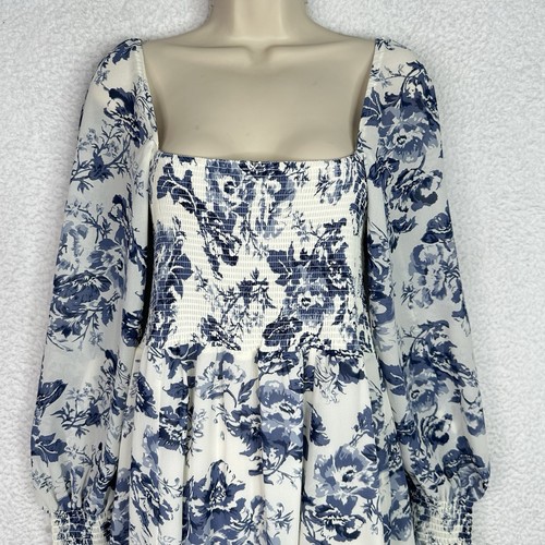 o.p.t Anthropology Smocked Midi Dress M Blue White Toile Cottagecore Feminine - Picture 3 of 16