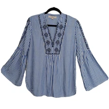 LOFT Top Embroidered Flowy Tunic Womens X Small Boho Nautical Blue White Striped