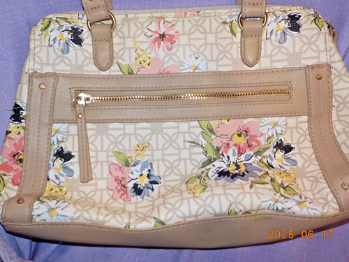 Beige with floral design handbag Women's Purse 11.5" W x 3.25"D x 8"T - Picture 2 of 8
