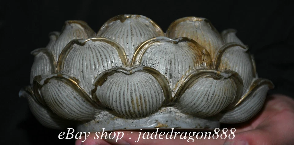 Lavadora de cepillo de escritura de loto tallado dorado jade blanco antiguo chino natural de 6,6" Foto 4 de 4