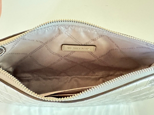 MICHAEL KORS EMPIRE MEDIUM POUCHETTE SHOULDER CHAIN BAG EMBOSSED LEATHER SILVER - Picture 6 of 16