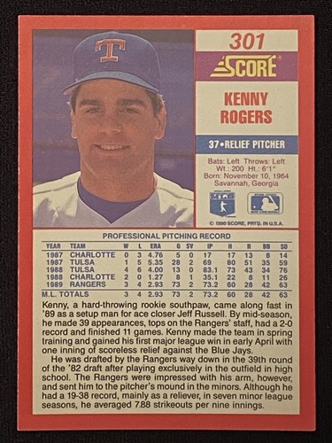 Tarjeta de béisbol Kenny Rogers 1990 MLB Texas Rangers Relief Pitcher puntuación #301 - Imagen 2 de 2