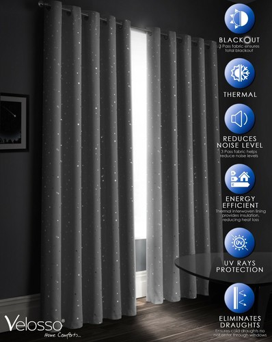 Stars Thermal Ready Made Eyelet Ringtop Blackout Light Reducing Bedroom Curtains - Picture 5 of 13