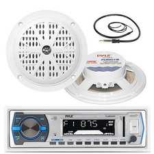 Pyle USB Marine AUX Black Radio, Marine Antenna, 5.25"Black 100W Marine Speakers