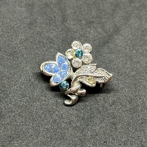 Spilla spray floreale fiore strass blu tono argento vintage larghezza 1", 4,3 g - Foto 7 di 16