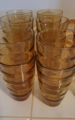 Vintage Retro Amber Wavy Glass Beverage Pitcher w/ 13 Tumblers  - Picture 2 of 7