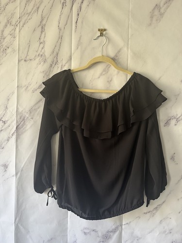 MICHAEL KORS - RUFFLE OFF SHOULDER BLOUSE TOP BLACK WOMENS SIZE SMALL - Picture 2 of 9
