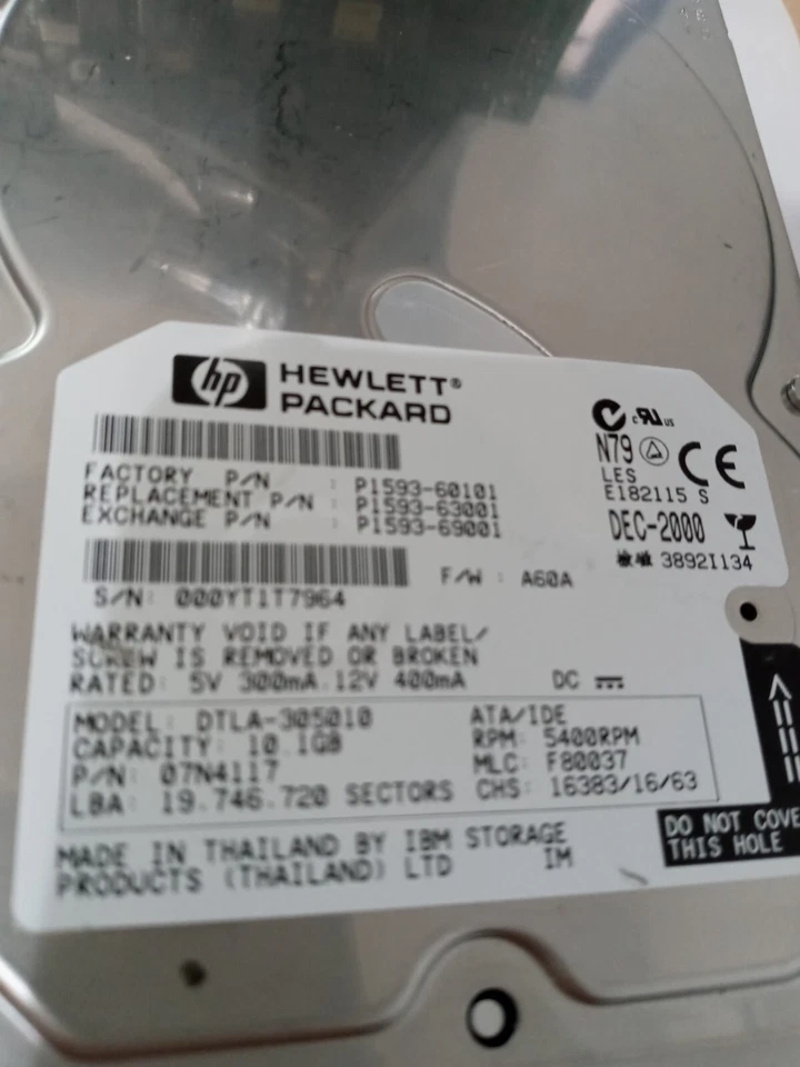 HP P1593-63001 IBM DTLA-305010 10GB 07N4117 HDD 3.5" Ide Pata Eide Hard Disk - Image 2 of 4