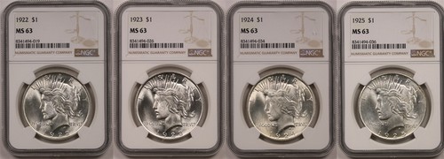 Lot 4- Mix Date Peace Dollar $1 MS 64 NGC 1922 1923 1924 1925 (4 Coins)