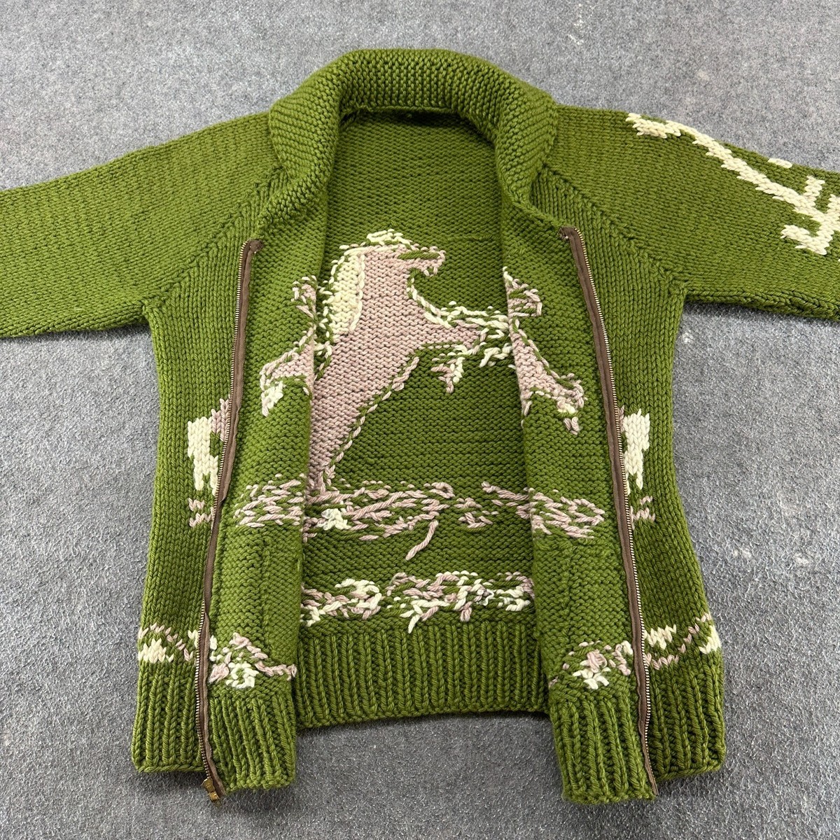 VINTAGE Cowichan Sweater Mens XL Green Full Zip Wool Shawl Native
