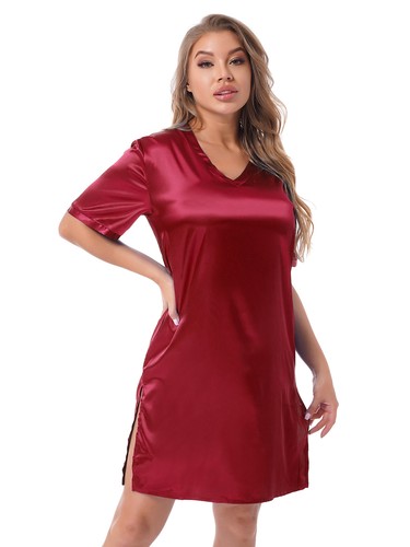 Damen Satin Schlafshirts Nachthemd Knopfleiste Seide Pyjama 3/4 Arm Nachtwäsche - Bild 77 von 94