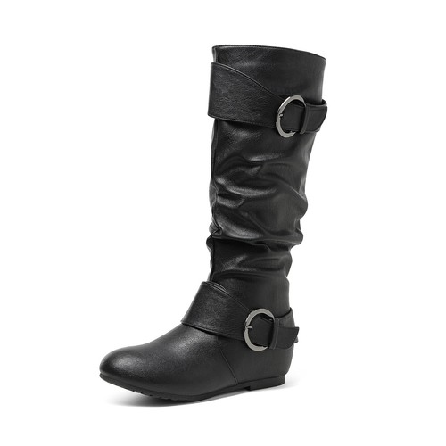 Women Slouchy Knee High Boots Hidden Wedge Heel Faux Fur Lined Zip Up Boots - Picture 2 of 11