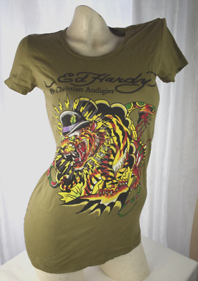 Ed Hardy by Christian Audigier Size XS Tiger Womens T-shirt Green NWT