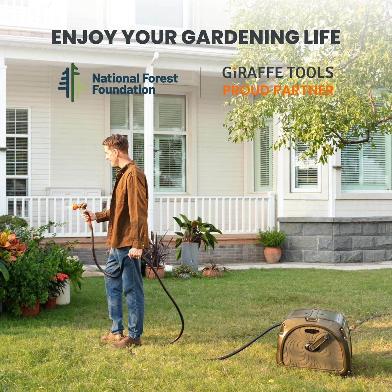 Giraffe Tools Metal Hose Reel Box Heavy Duty with 100ft 5/8" Rubber Garden Hose