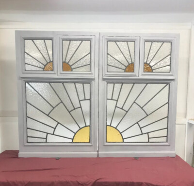 Pair Large Art Deco Stained Glass Windows Antique Period Lead Old Reclaimed Wood Ebay