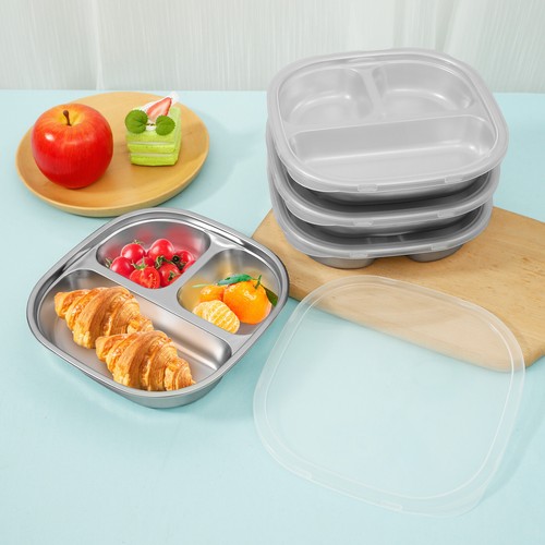 4Pcs Toddler Plates Stainless Steel Kids Plates Stackable Divided Plates§ - Picture 7 of 11