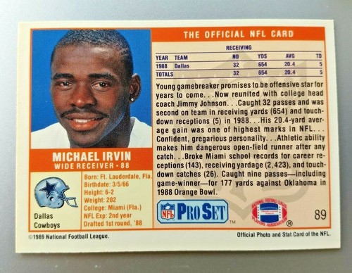 1989 PRO SET MICHAEL IRVIN CARD#89 NRMINT DALLAS COWBOYS HALL OF FAME - Picture 2 of 2