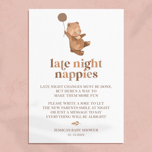  Baby Shower Late Night Nappies Poem in Pink, Blue, Yellow or Brown Bear (BE5) - Zdjęcie 1 z 4