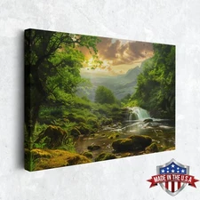 Golden Forest Waterfall at Sunset Wall Art - Canvas Print Poster for Home Decor