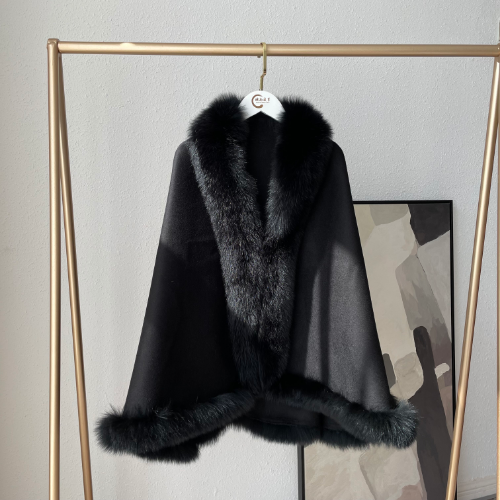 Winter Long Women's Wool Blended Double-sided Tweed Fur Collar Fur Cloak Shawl - Bild 8 von 19