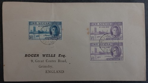 1947 St Lucia Cover ties 3 Stamps cd Gros Islet-Grimsby, England - Picture 1 of 2