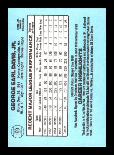 Donruss #169 Storm Davis Baltimore Orioles 1986 - Imagen 2 de 2