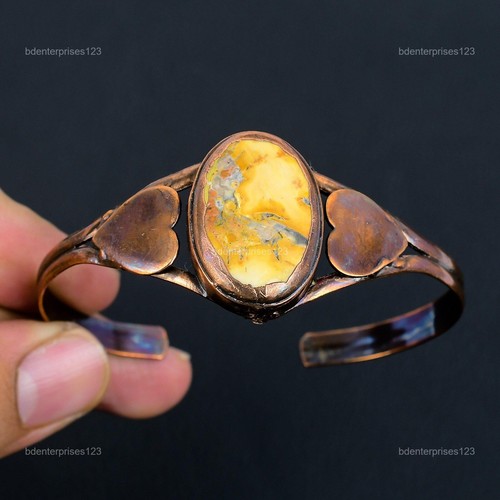 Oval Natural Maligano Jasper Copper Ethnic Electroformed Heart Handmade Bangle - Picture 3 of 11