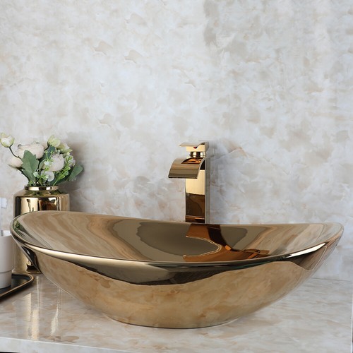US Oval Bathroom Sink Ceramic Gold Waterfall Faucet Deck Mount Vanity Basin Taps - Picture 8 of 12