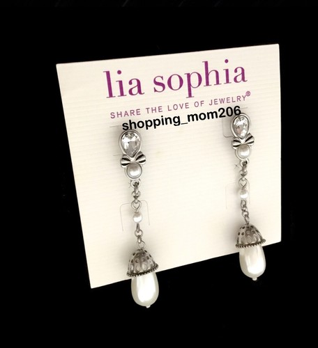 Lia Sophia "Wistful" Silver Tone w/Cut Crystals & Resin Pearl Earrings - Picture 2 of 3