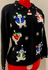 Vintage Heirloom Collectibles Full Zip Snowmen Sparkle Christmas Sweater Size M