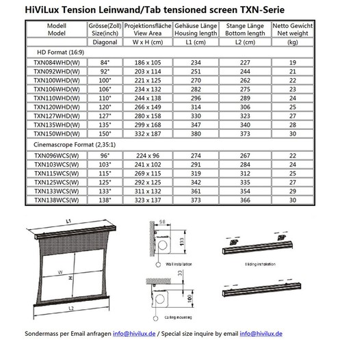 HiViLux Tab-Tension Leinwand/Screen 100" 221x124cm 5D 1,35/HDR-Tuch/HochKontrast - Picture 6 of 6