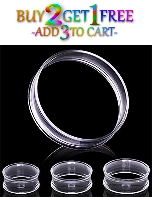 Par de TÚNELES ACRÍLICOS TRANSPARENTES 8g-50mm Medidores Doble Destello Sólido Sillín Oreja 1044 Foto 2 de 4