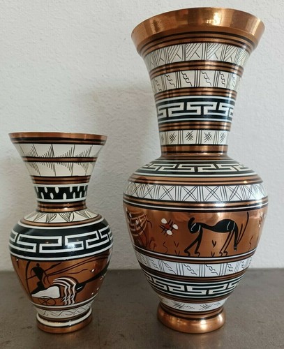 2 vintage hand made copper vases made in Greece 9" and 6" tall
