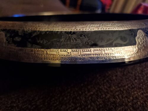 Art Deco Amethyst Black Glass Silver Overlay Bowl 12.5" ~ Dragon & Pagoda Etch - Picture 4 of 8