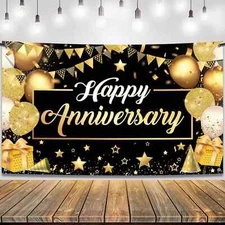 KatchOn, Happy Anniversary Banner Black and Gold Extra Large,