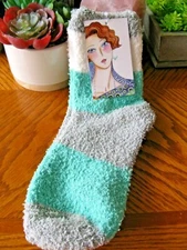 New Women’s Aqua, Gray, White Striped Fuzzy Soft & Cozy Lounge Socks