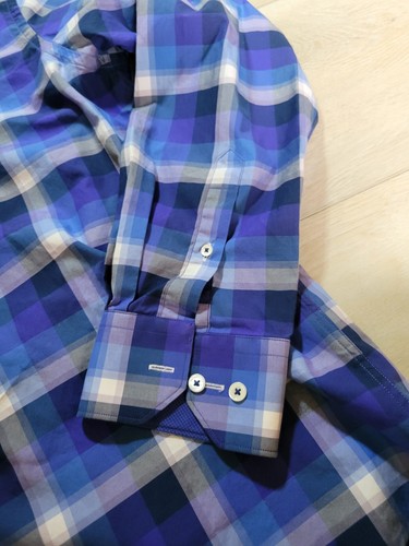 Bugatchi Shaped Fit blue white Check Cotton Button Down Dress Shirt 2XL XXL - Picture 3 of 9