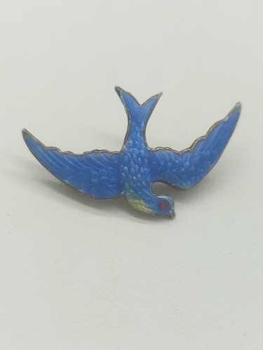 Art Deco Paye & Baker PB Sterling 1930s Guilloche Enamel Swallow Bird Brooch Pin - Picture 2 of 9